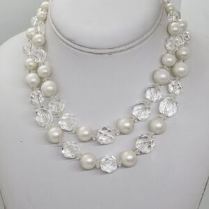 Vintage Faux‎ Pearl And Faceted Glass Bead Necklace Multistrand